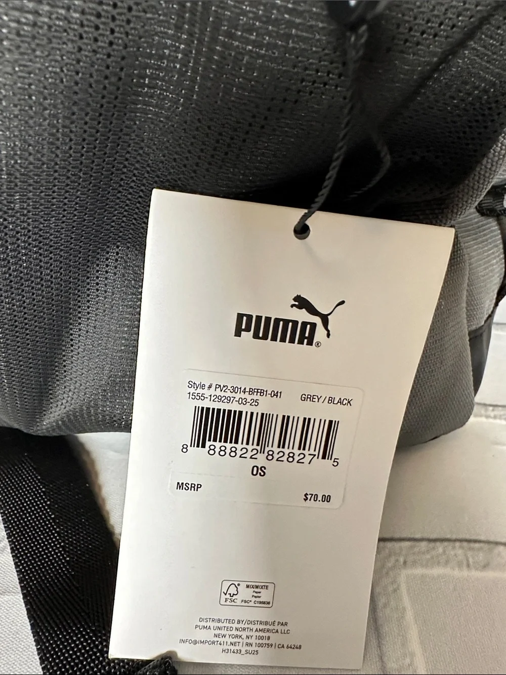 NWT Puma Large Gray and Black Backpack with Multiple Compartments
